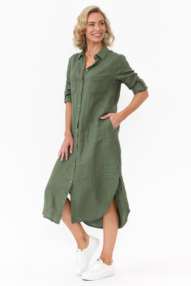 Halston Green Linen Relaxed Shirt Dress