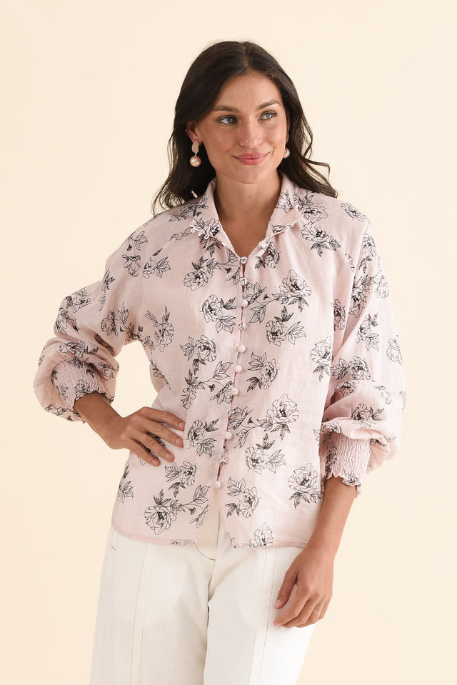 Hamilton Pink Floral Linen Blouse,Front,Brunette model,alt text|model:Brontie image 1