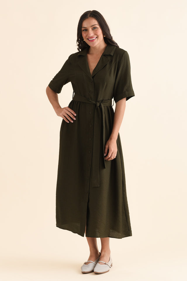 Hamlin Olive Collared Tie Dress,Full Body,Brunette model,alt text|model:Brontie image 2