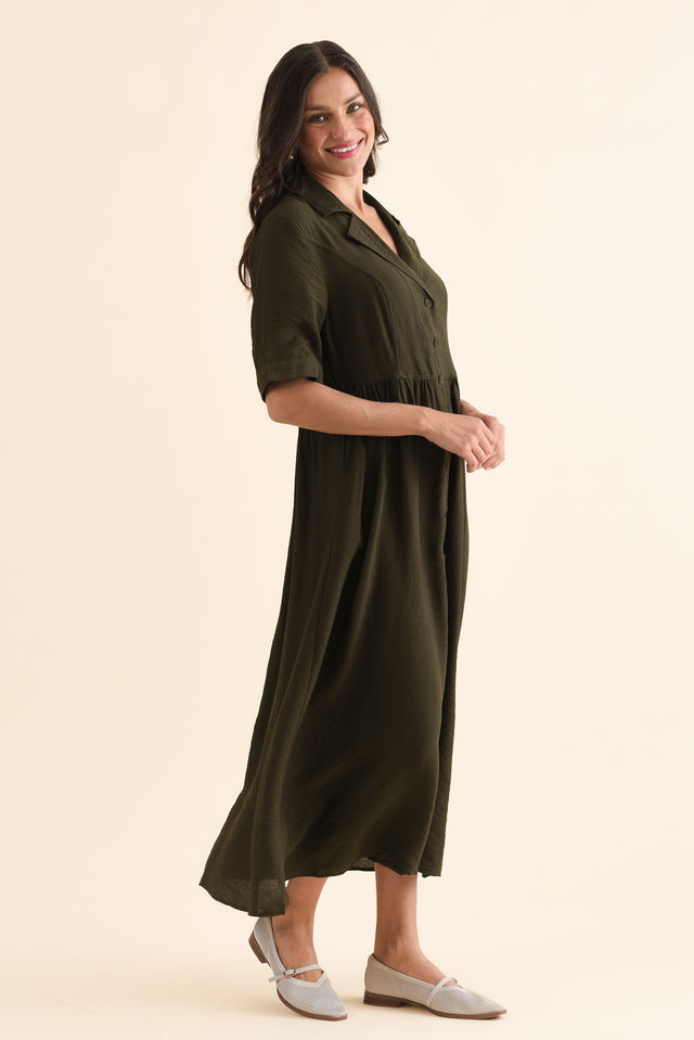 Hamlin Olive Collared Tie Dress,Side,Brunette model,alt text|model:Brontie image 3