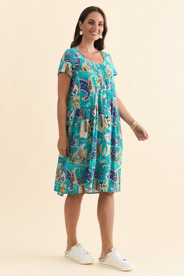 Hanoi Blue Paisley Cotton Blend Dress,Brunette model,alt text|model:MJ image 4