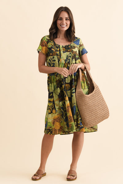 Hanoi Green Botanical Cotton Blend Dress