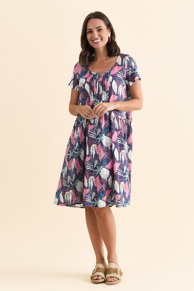 Hanoi Navy Botanical Cotton Blend Dress,Brunette model,alt text|model:MJ image 7