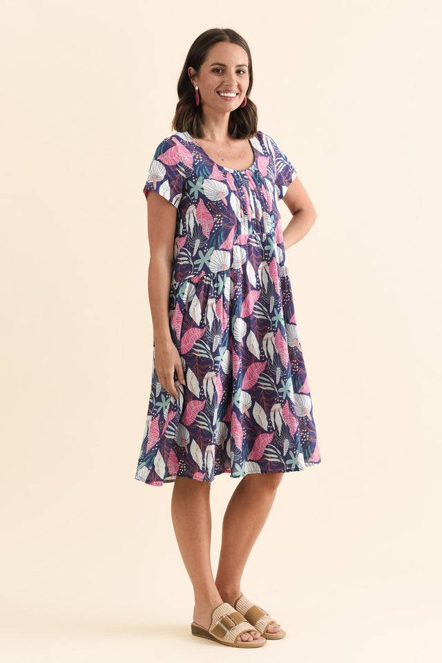 Hanoi Navy Botanical Cotton Blend Dress,Brunette model,alt text|model:MJ image 4