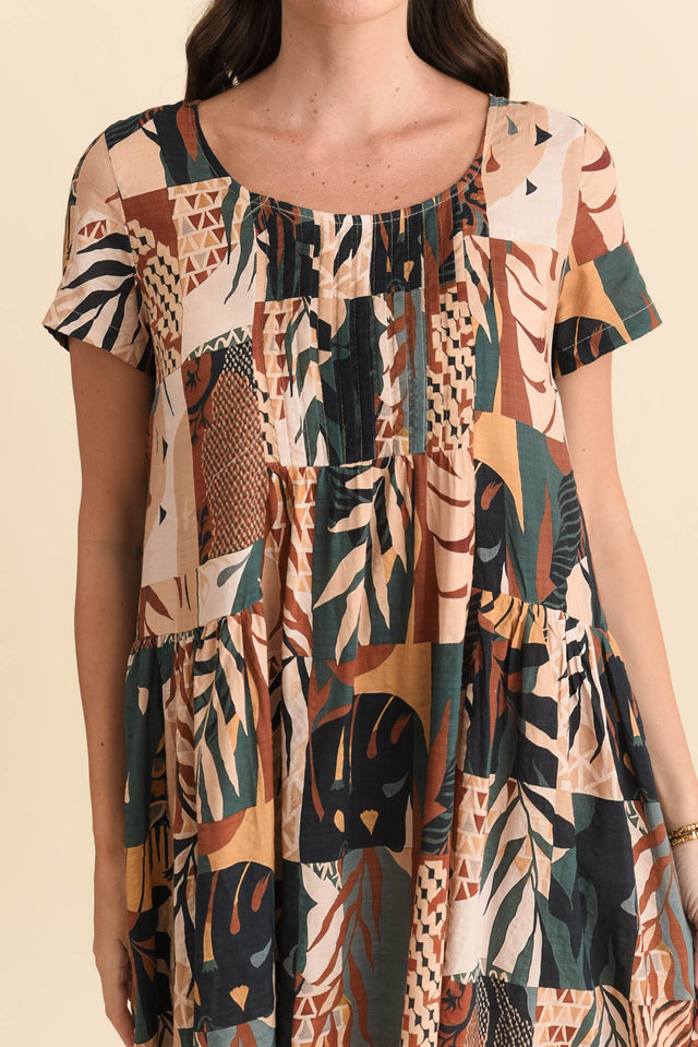 Hanoi Tan Mosaic Cotton Blend Dress,Brunette model,alt text|model:MJ image 6
