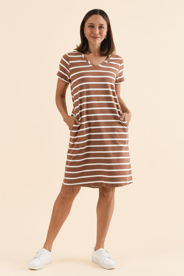 Harley Chocolate Stripe Cotton Tee Dress,Front,Brunette model,alt text|model:Cara image 1