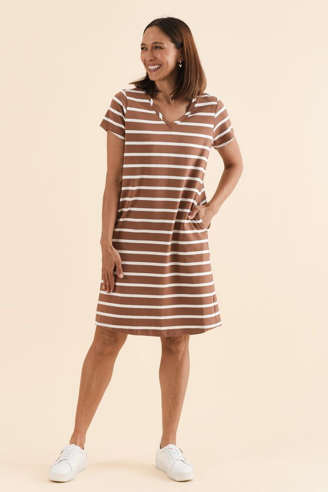 Harley Chocolate Stripe Cotton Tee Dress,Full Body,Brunette model,alt text|model:Cara image 2