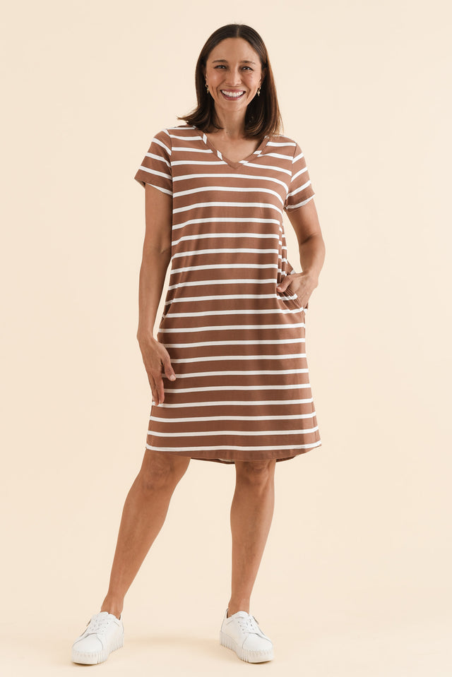 Harley Chocolate Stripe Cotton Tee Dress,Full Body,Brunette model,alt text|model:Cara image 6