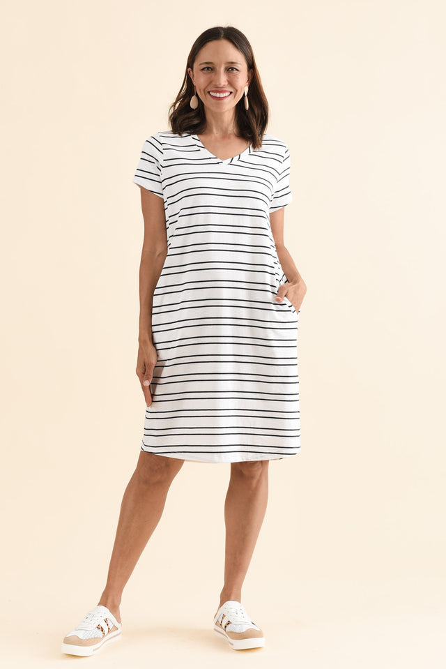 Harley White Stripe Cotton Tee Dress,Full Body,Brunette model,alt text|model:Cara image 6