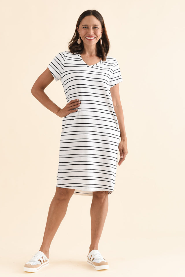 Harley White Stripe Cotton Tee Dress,Full Body,Brunette model,alt text|model:Cara image 2