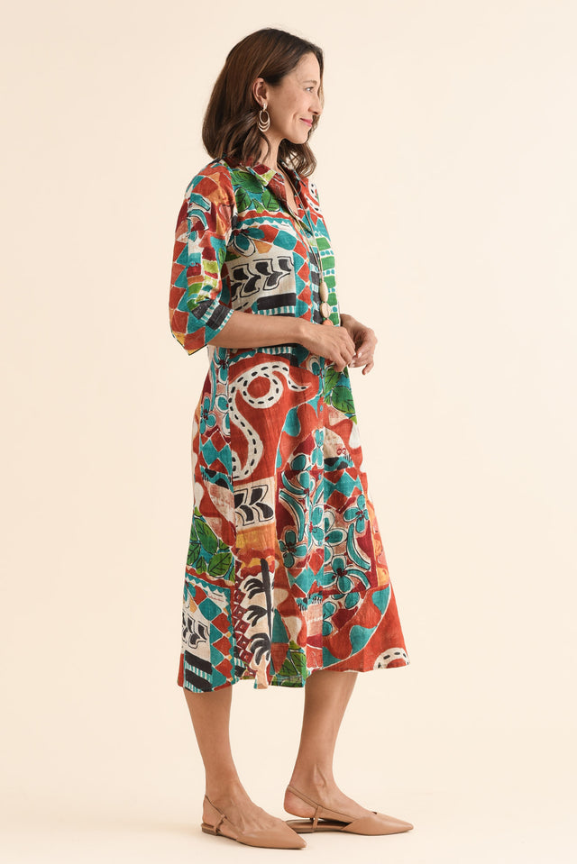 Harna Orange Tropical Organic Cotton Shirt Dress,Side,Brunette model,alt text|model:Cara image 3