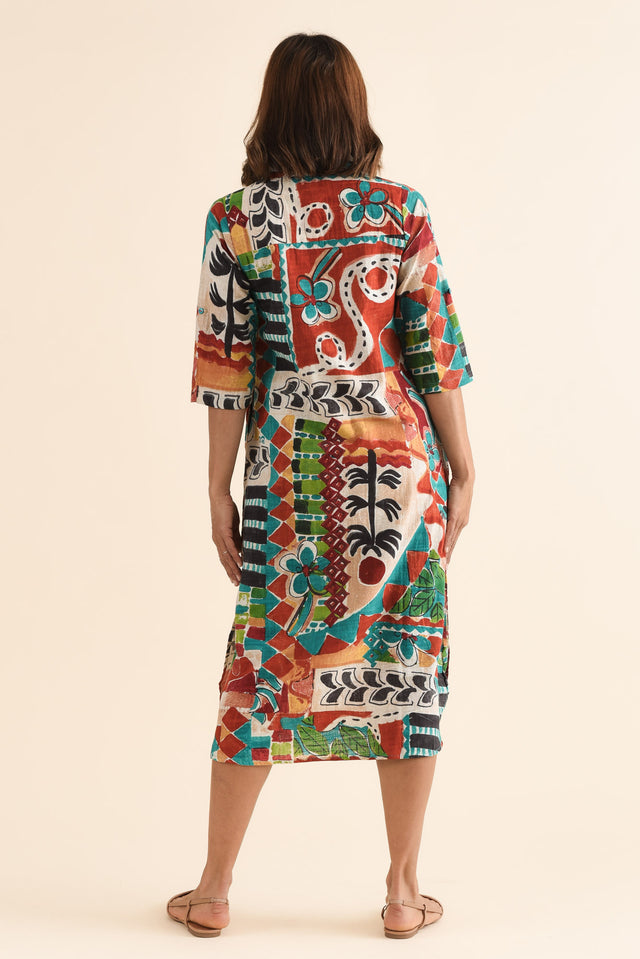 Harna Orange Tropical Organic Cotton Shirt Dress,Back,Brunette model,alt text|model:Cara image 4