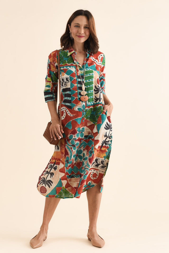 Harna Orange Tropical Organic Cotton Shirt Dress,Front,Brunette model,alt text|model:Cara image 1