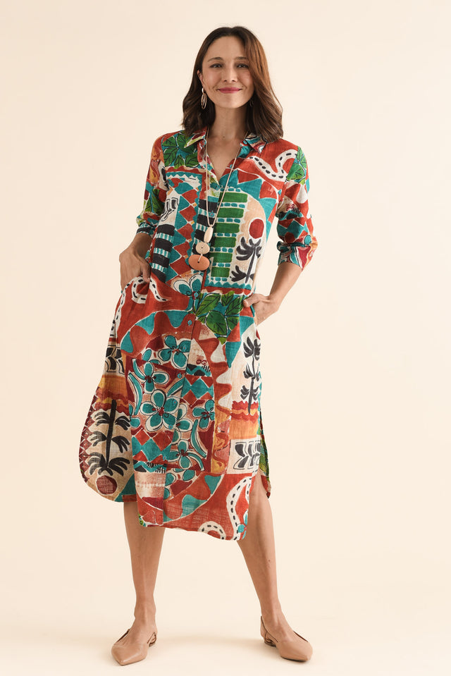Harna Orange Tropical Organic Cotton Shirt Dress,Full Body,Brunette model,alt text|model:Cara image 2