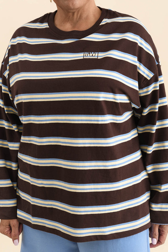 Harper Chocolate Stripe Long Sleeve Tee,Detail,Brunette model,alt text|model:Pilita image 5