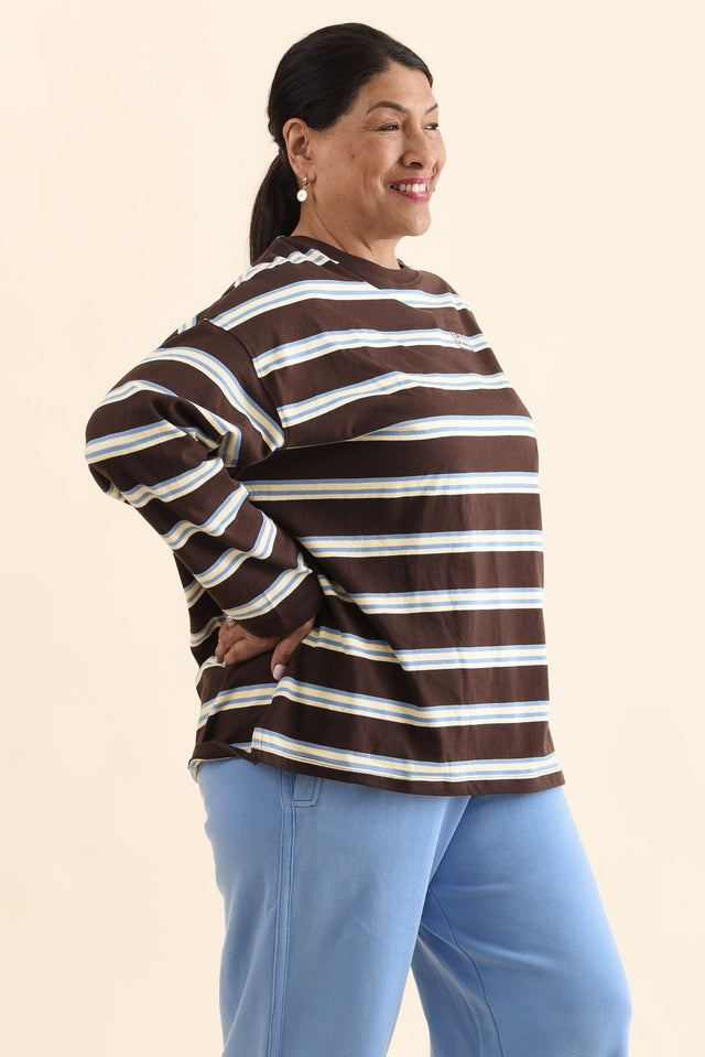 Harper Chocolate Stripe Long Sleeve Tee,Side,Brunette model,alt text|model:Pilita image 3