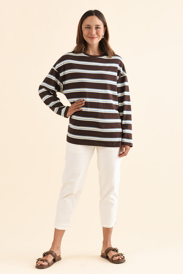 Harper Chocolate Stripe Long Sleeve Tee,Full Body,Brunette model,alt text|model:Cara image 7