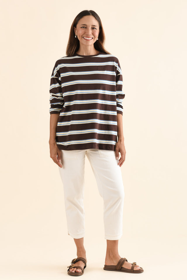 Harper Chocolate Stripe Long Sleeve Tee,Full Body,Brunette model,alt text|model:Cara