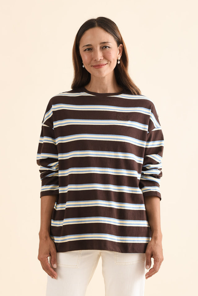 Harper Chocolate Stripe Long Sleeve Tee,Front,Brunette model,alt text|model:Cara
