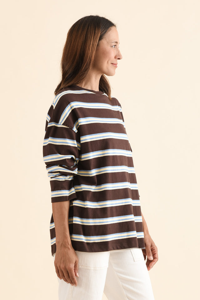 Harper Chocolate Stripe Long Sleeve Tee,Side,Brunette model,alt text|model:Cara image 4