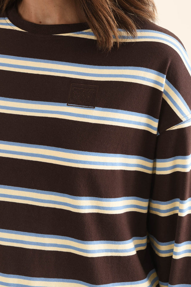 Harper Chocolate Stripe Long Sleeve Tee,Detail,Brunette model,alt text|model:Cara image 6