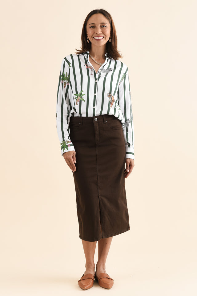 Harriet Chocolate Denim Midi Skirt,Full Body,Brunette model,alt text|model:Cara image 7