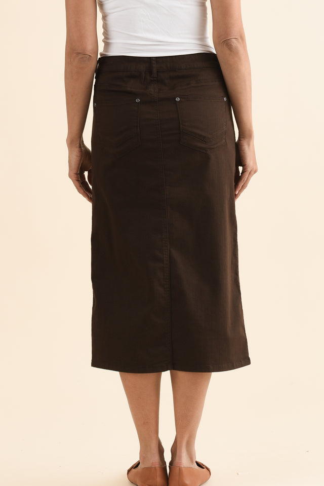 Harriet Chocolate Denim Midi Skirt,Back,Brunette model,alt text|model:Cara image 5