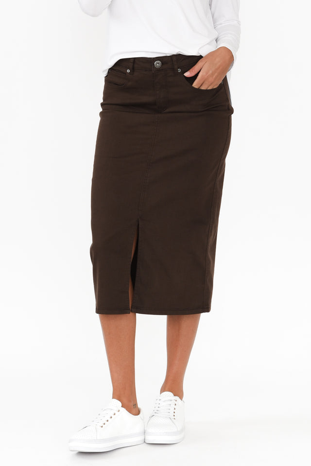 Harriet Chocolate Denim Midi Skirt,Brunette model,alt text|model:Brontie image 1