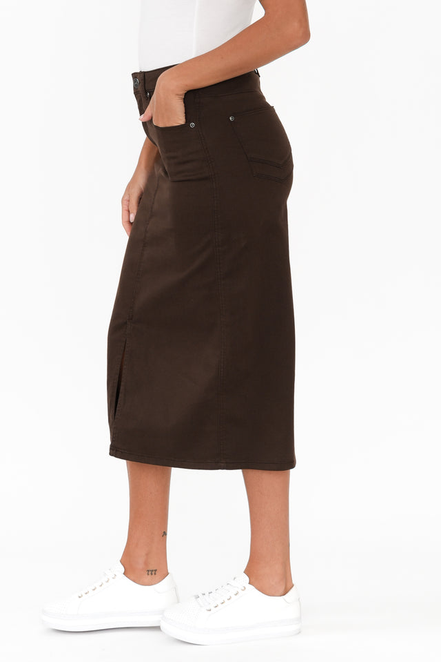 Harriet Chocolate Denim Midi Skirt,Brunette model,alt text|model:Brontie image 4