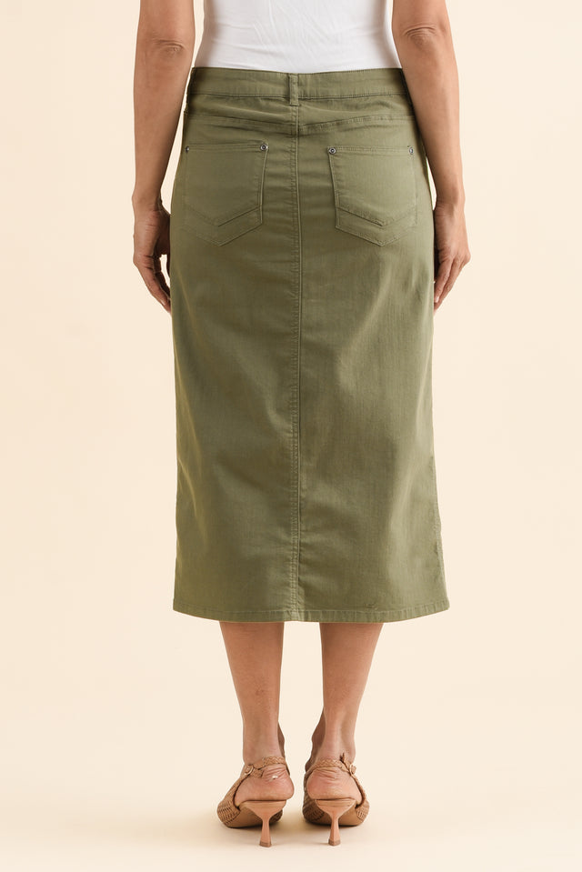 Harriet Khaki Denim Midi Skirt,Back,Brunette model,alt text|model:Cara image 4