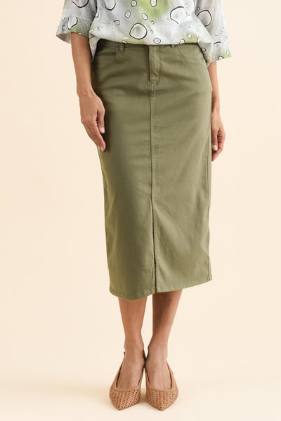 Harriet Khaki Denim Midi Skirt