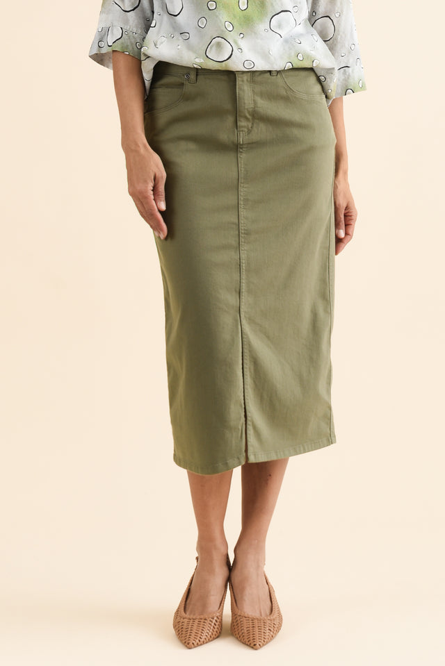 Harriet Khaki Denim Midi Skirt,Front,Brunette model,alt text|model:Cara