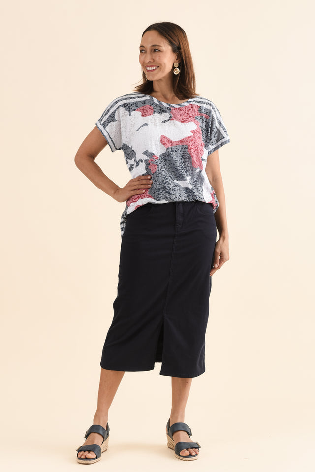 Harriet Navy Denim Midi Skirt,Full Body,Brunette model,alt text|model:Cara image 3