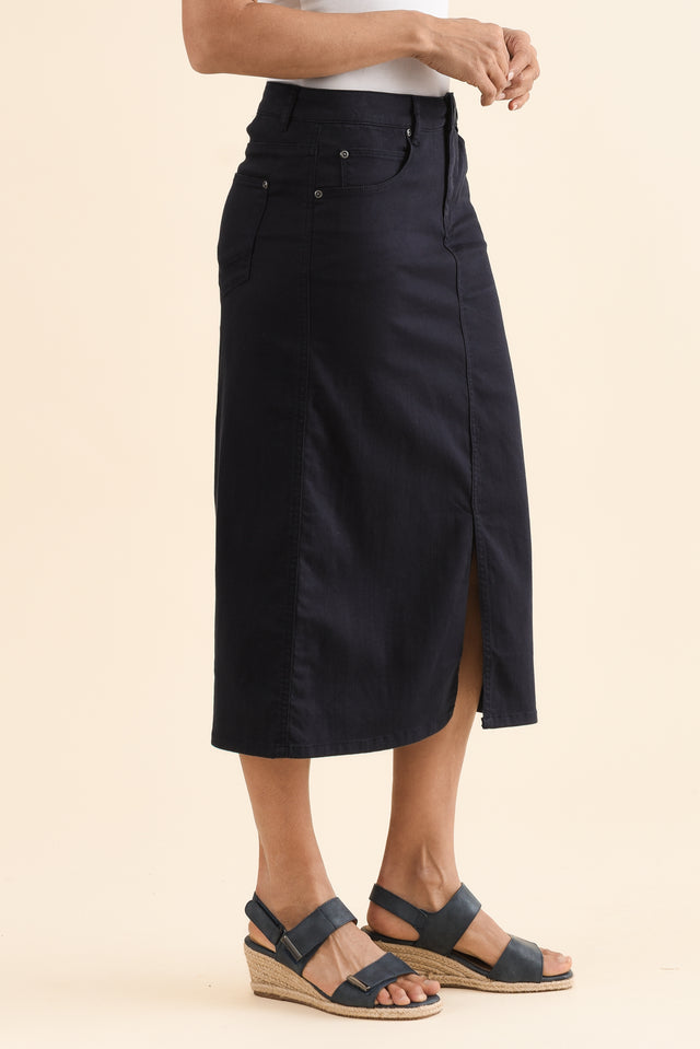 Harriet Navy Denim Midi Skirt,Side,Brunette model,alt text|model:Cara image 4