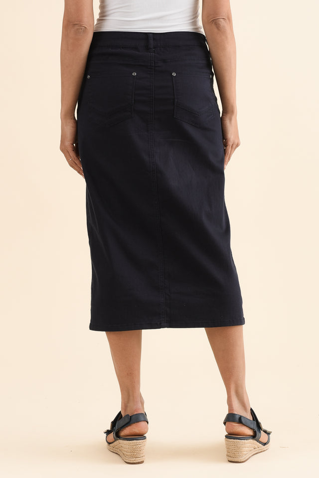 Harriet Navy Denim Midi Skirt,Back,Brunette model,alt text|model:Cara image 5