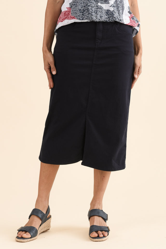 Harriet Navy Denim Midi Skirt,Front,Brunette model,alt text|model:Cara image 1