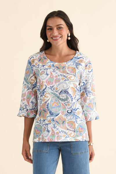 Hartley Blue Paisley Linen Blend Top