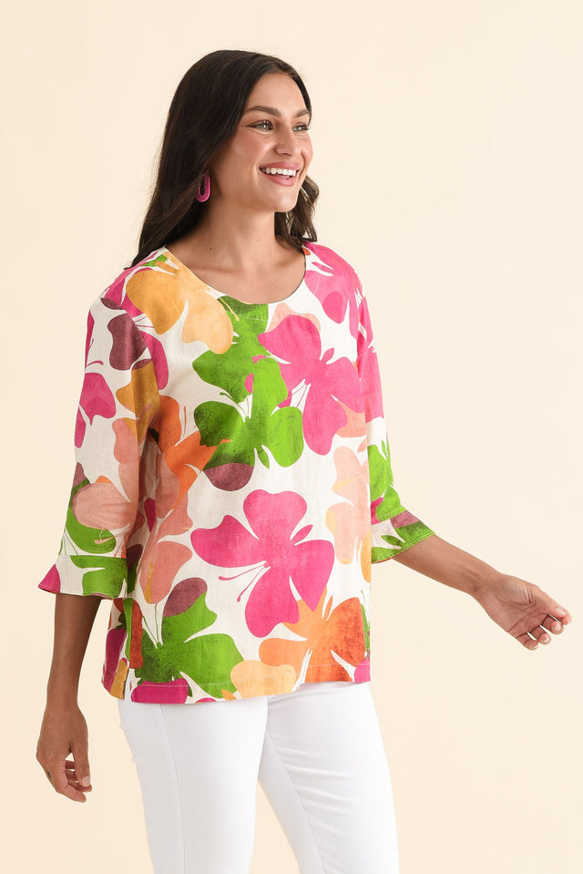 Hartley Green Butterfly Linen Blend Top,Side,Brunette model,alt text|model:Brontie image 3
