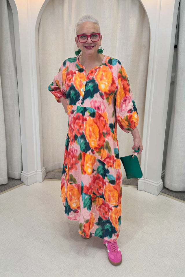 Ruthie Orange Floral Linen Button Dress