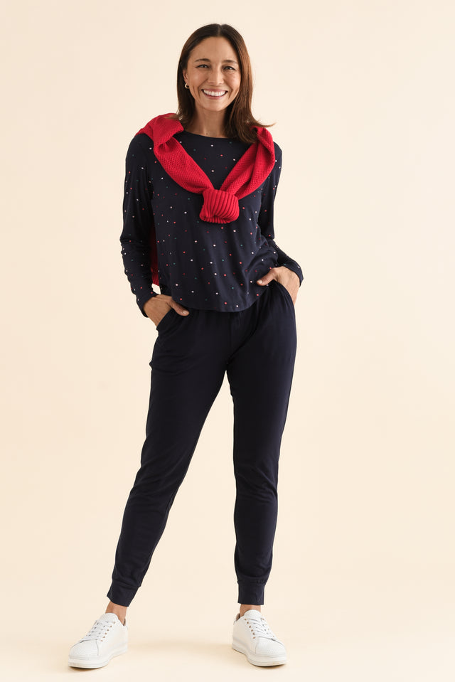 Heidi Navy Cuffed Jogger Pants,Full Body,Brunette model,alt text|model:Cara