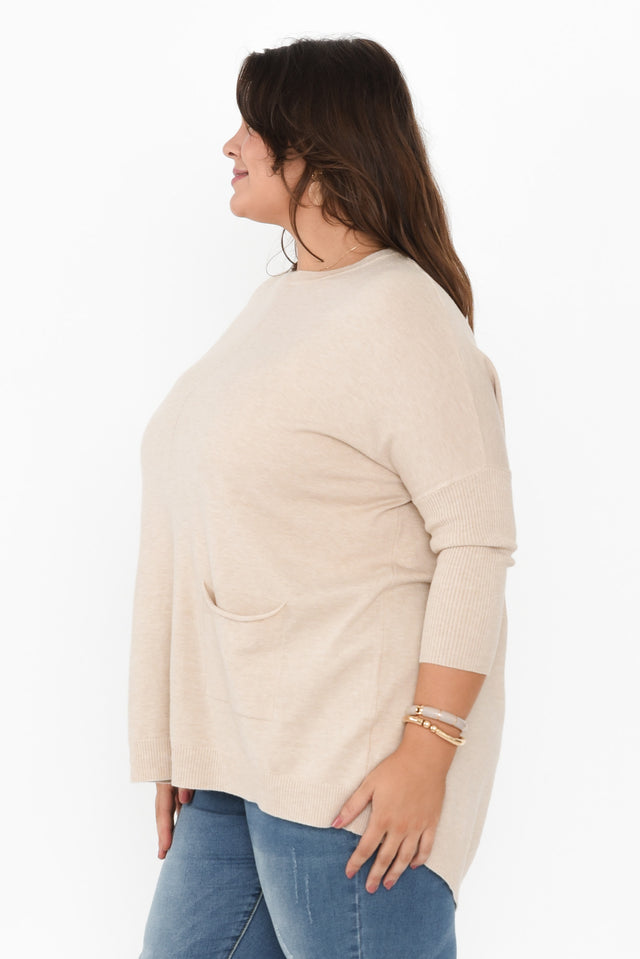 Helsinki Beige Knit Pocket Jumper,Brunette model,alt text|model:Gabby image 15