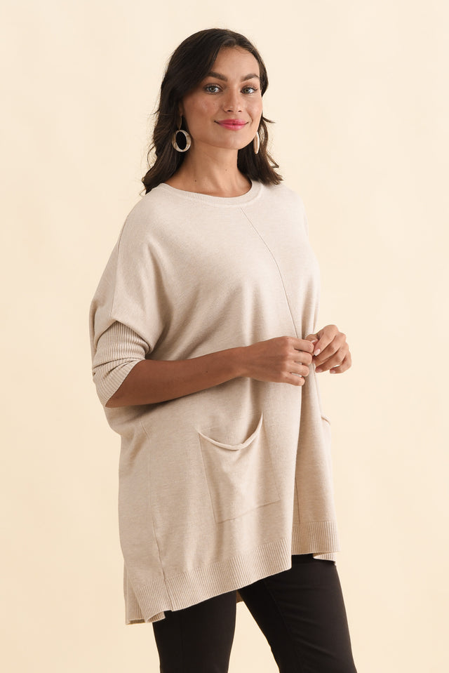 Helsinki Beige Knit Pocket Jumper,Brunette model,alt text|model:Brontie image 5