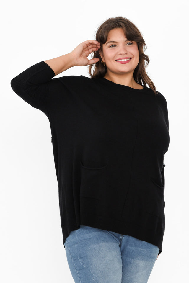 Helsinki Black Knit Pocket Jumper,Brunette model,plus-size,curve-basics,curve-tops,plus-size-sleeved-tops,plus-size-basic-tops,plus-size-winter-clothing,curve-knits-jackets,plus-size-jumpers,alt text|model:Gabby
