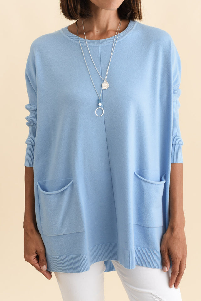 Helsinki Blue Knit Pocket Jumper,Brunette model,alt text|model:Cara image 7