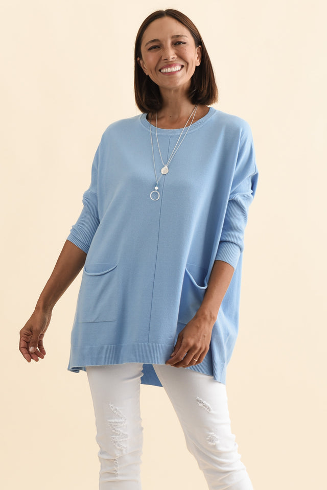 Helsinki Blue Knit Pocket Jumper,Brunette model,alt text|model:Cara image 3