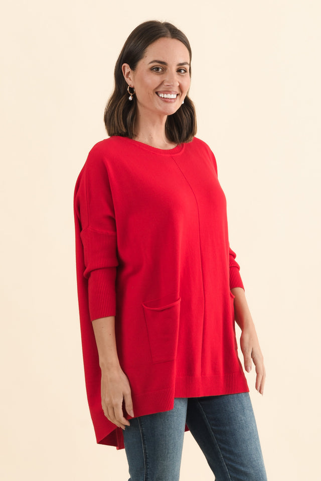 Helsinki Red Knit Pocket Jumper,Brunette model,alt text|model:MJ image 4