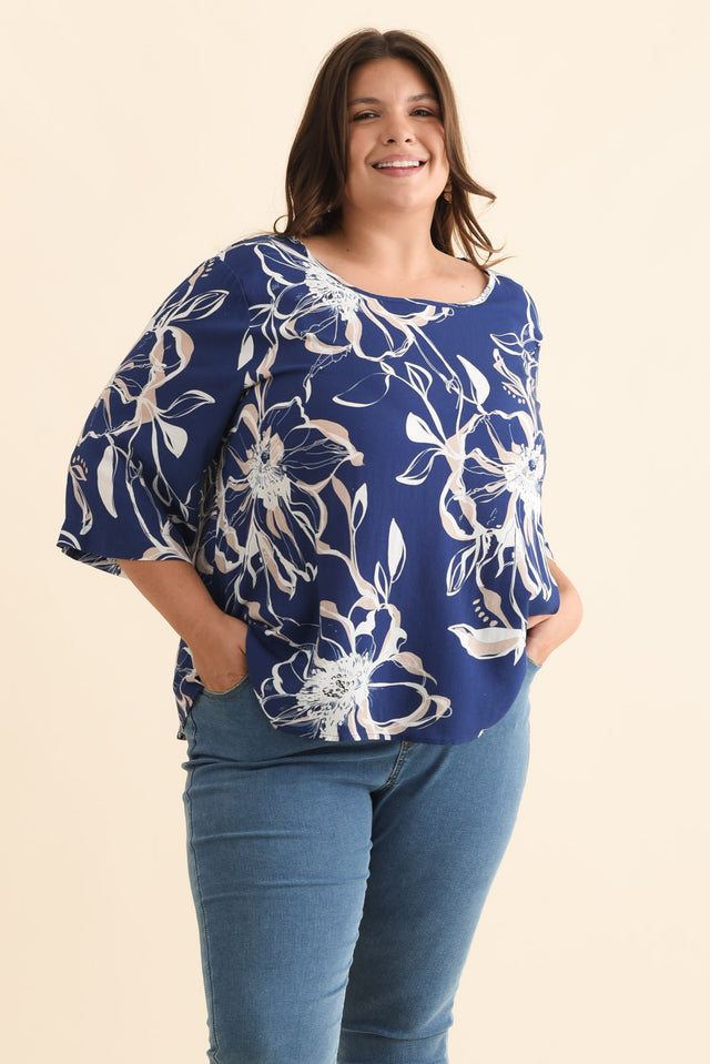 Hepburn Blue Flower Linen Blend Top,Brunette model,plus-size,curve-tops,plus-size-sleeved-tops,plus-size-linen-tops,alt text|model:Gabby image 9