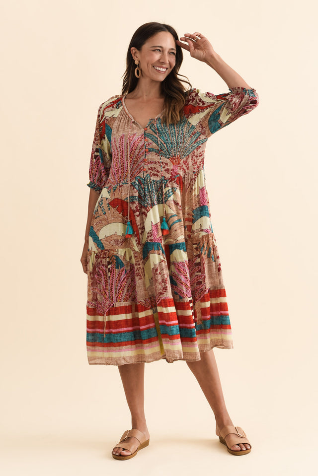 Hilaria Red Tropical Sleeved Dress,Brunette model,alt text|model:Cara image 7
