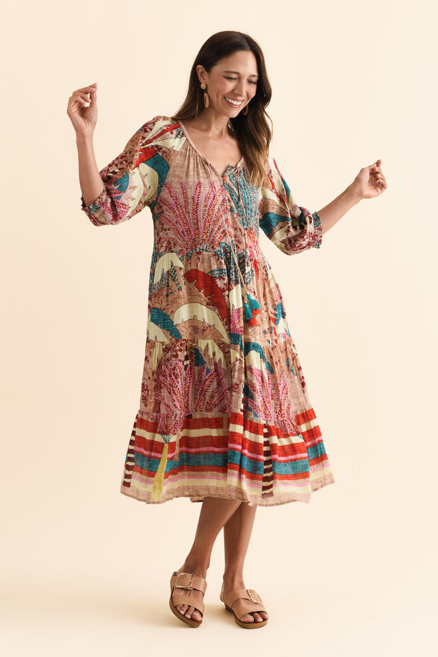 Hilaria Red Tropical Sleeved Dress,Brunette model,alt text|model:Cara image 3