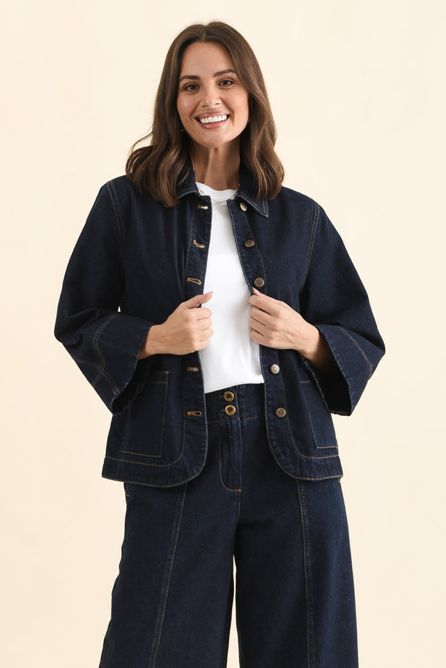 Hilary Dark Blue Denim Shacket,Front,Brunette model,alt text|model:MJ image 1